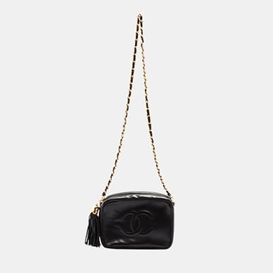CHANEL Coco Mark Lambskin Chain Shoulder Bag with Fringe, Black with Gold Fittings, Series 1